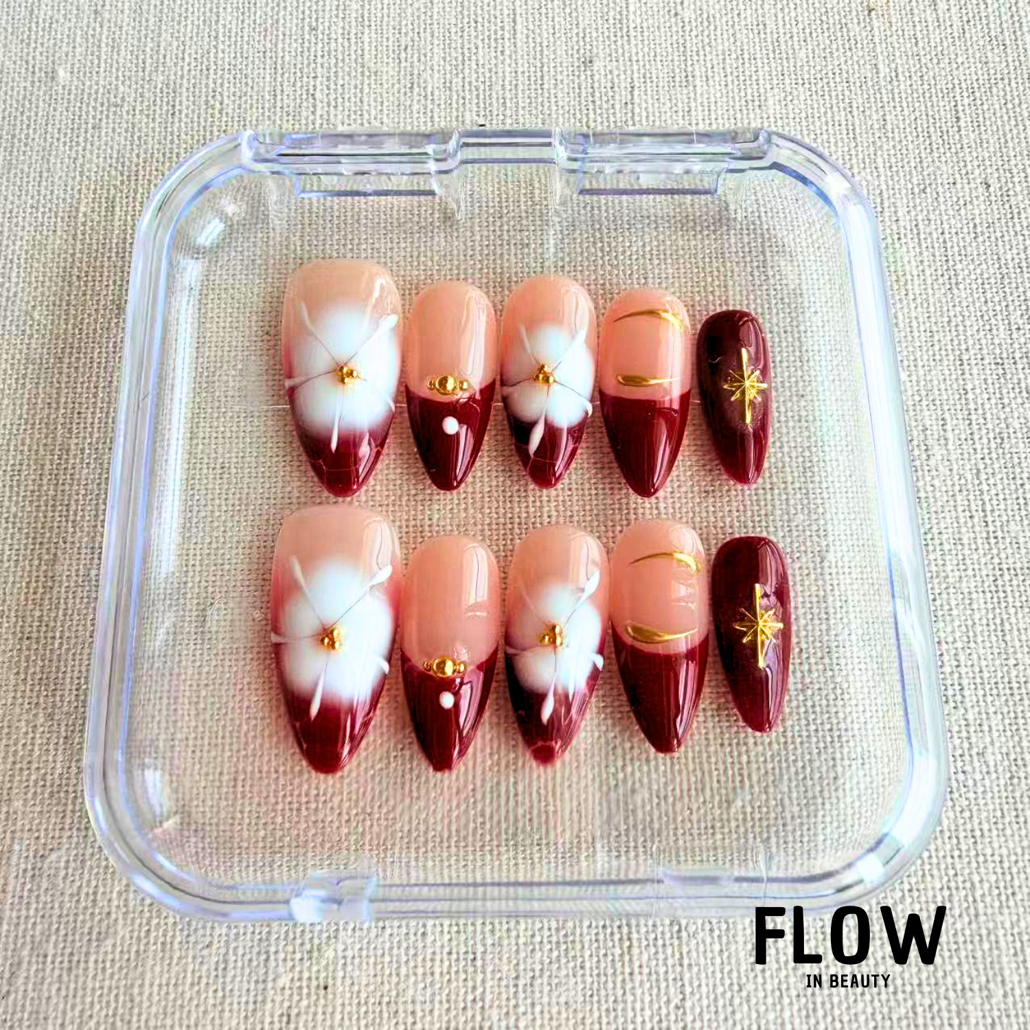 Unhas Press-On Burgundy Flower Red