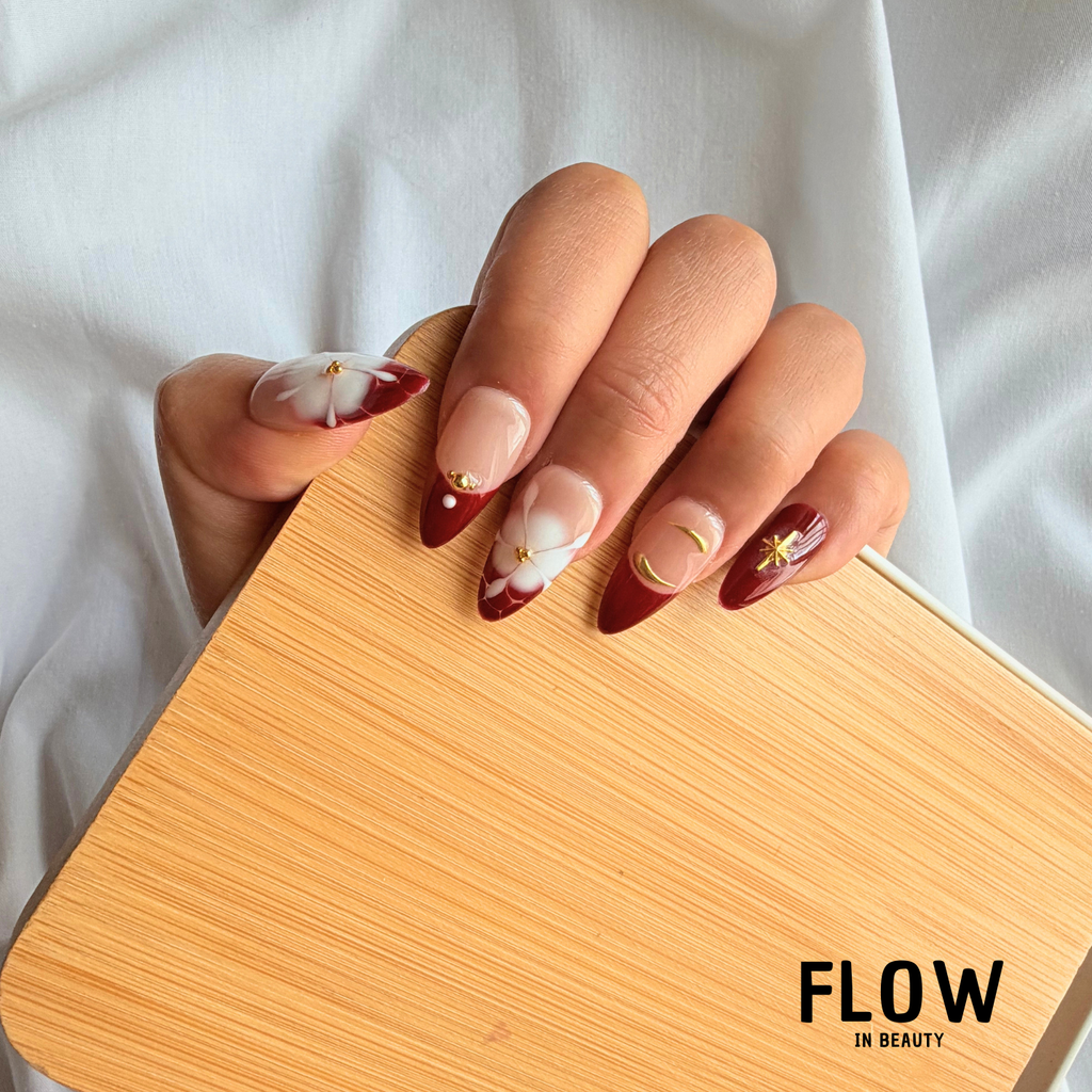 Unhas Press-On Burgundy Flower Red