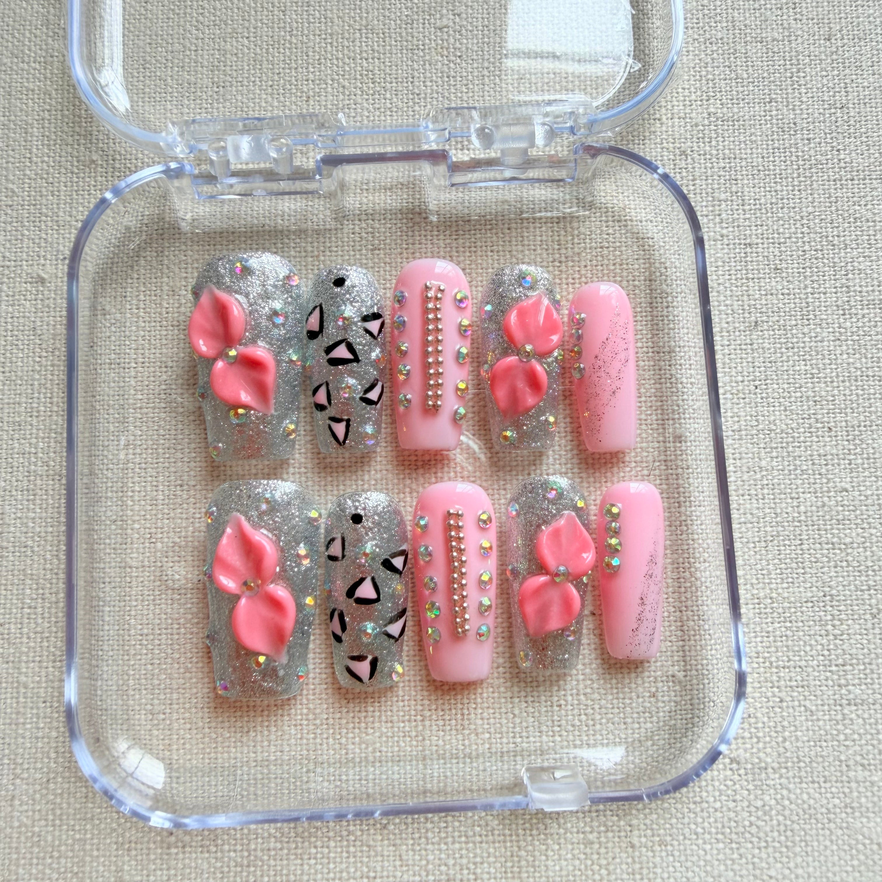Unhas press on glitter pink