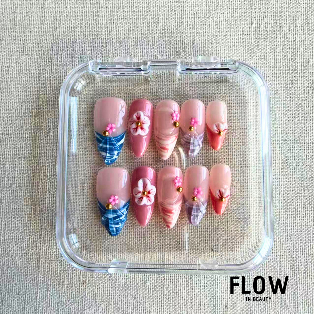 Unhas Press-On Sweet Plaid Blossom