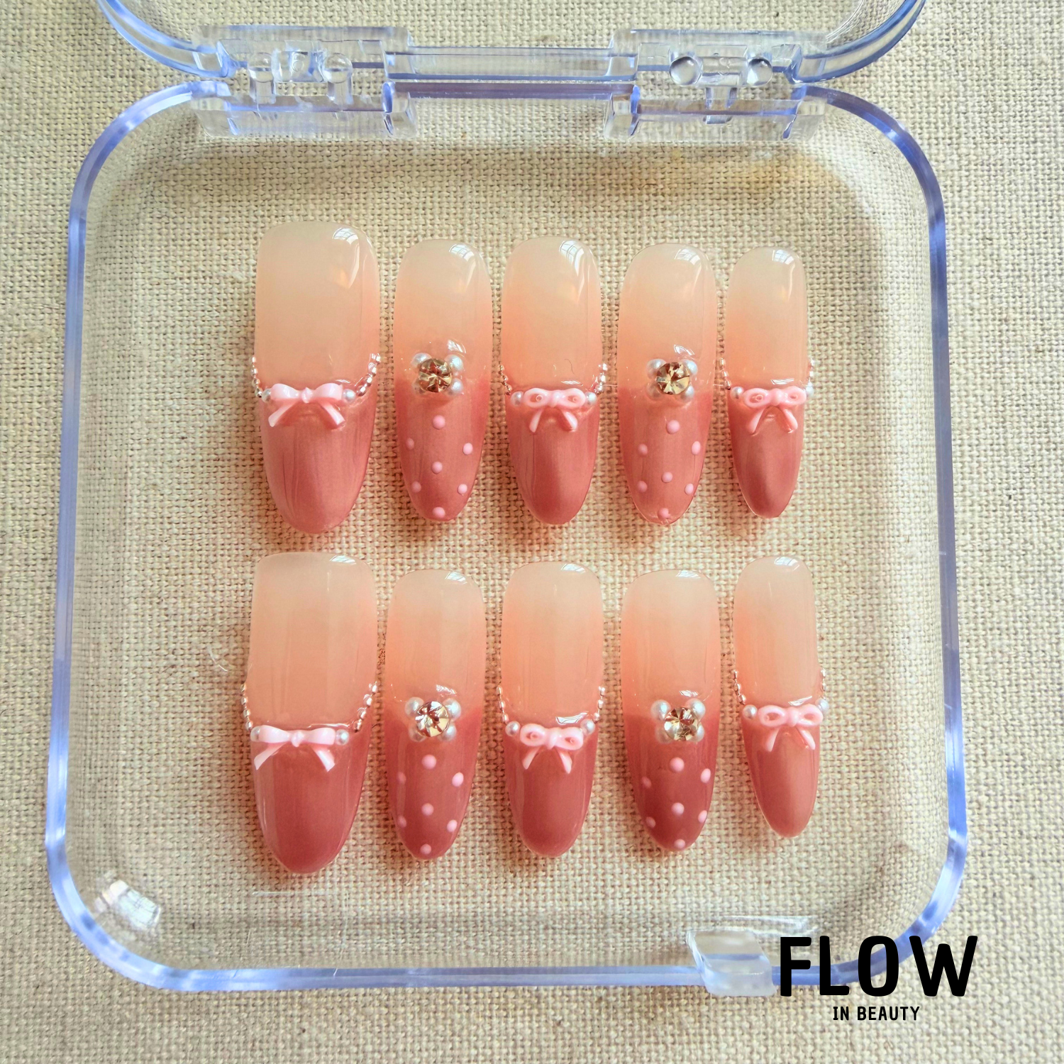 Unhas Press-On Pink Bow Pearl
