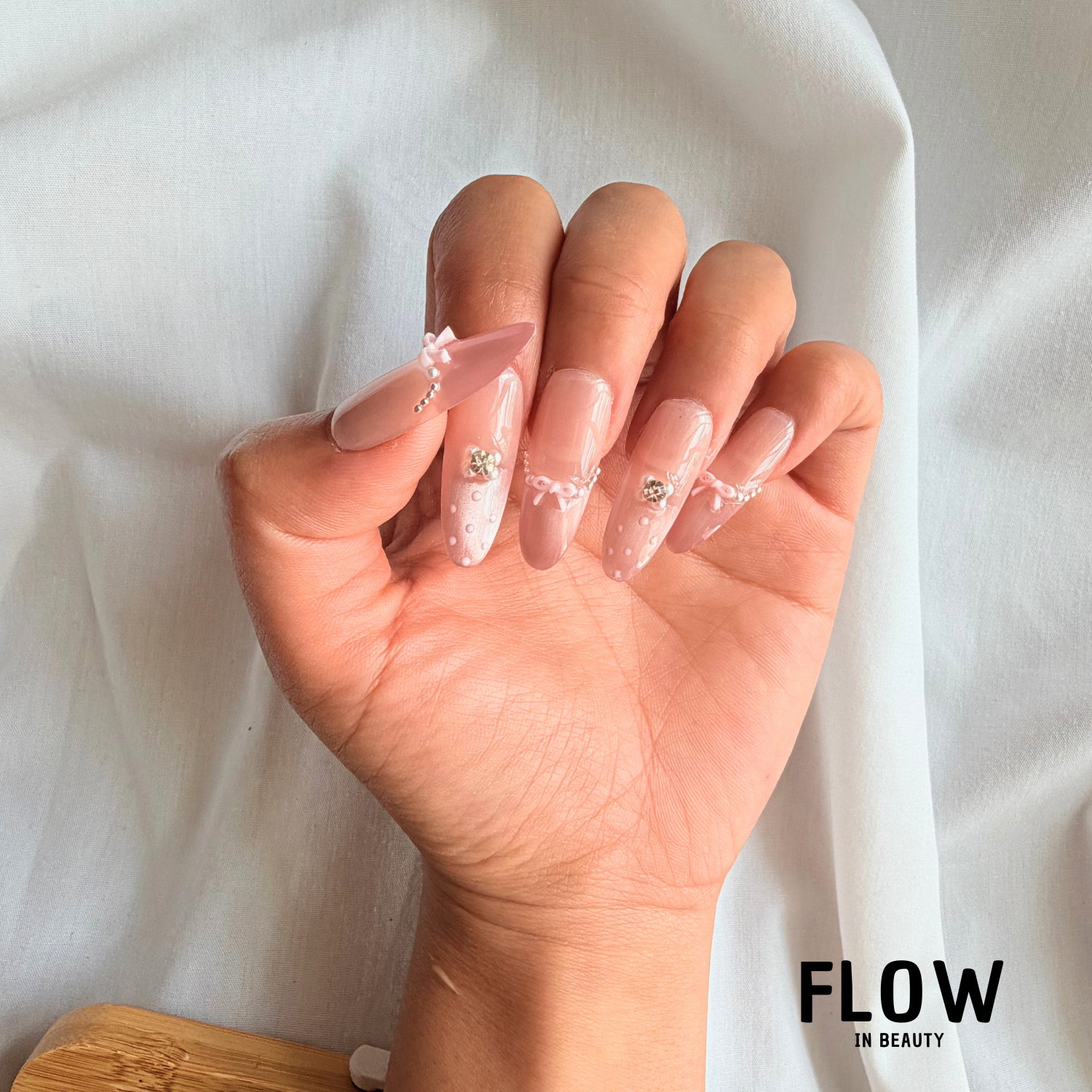 Unhas Press-On Pink Bow Pearl