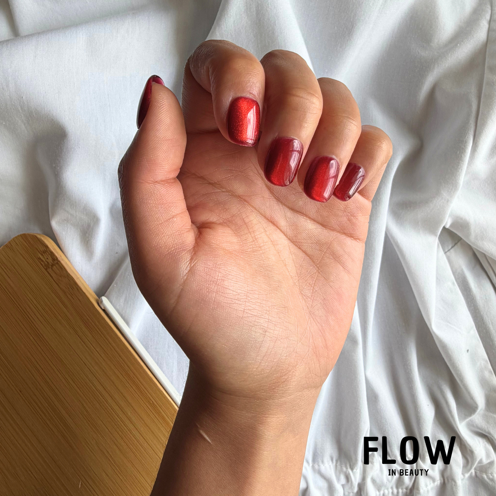 Unhas Press-On Efeito Cat Eye Vermelho Profundo